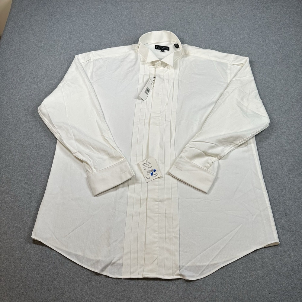 Perry Ellis Portfolio Tuxedo Shirt 17 34 White Pleated Formal Cotton Vintage NWT